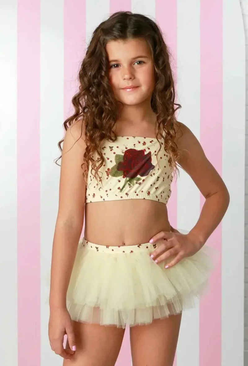 Ooh La La Couture yellow girls two piece princess swimsuit with soft tulle tutu skirt and rose print