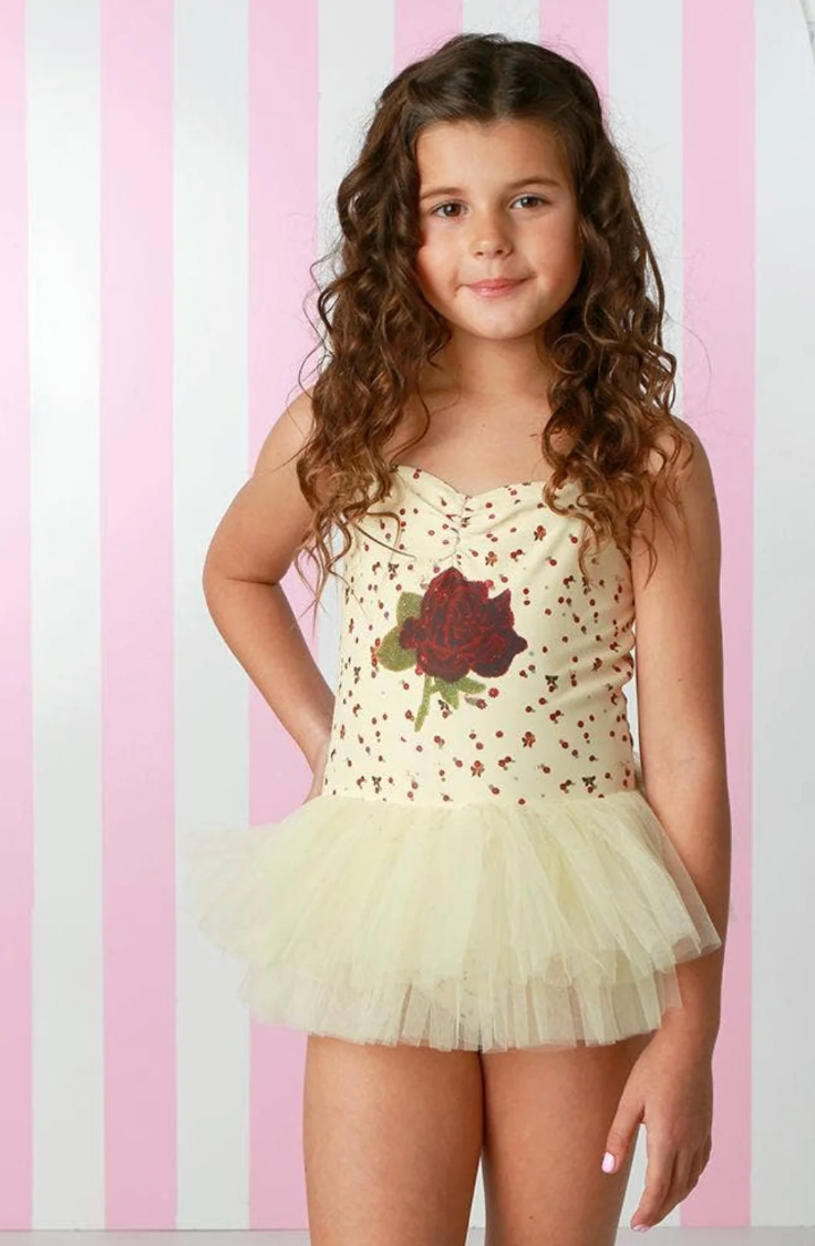 girls princess inspired yellow 1pc swimsuit with red rose 