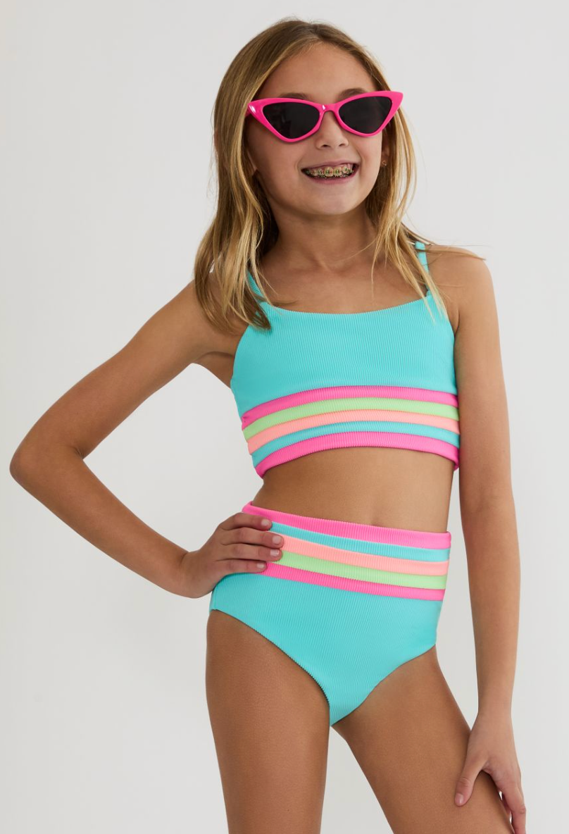 modest girls 2pc swimsuit in a ribbed fabric and bright color striping by beach riot kids