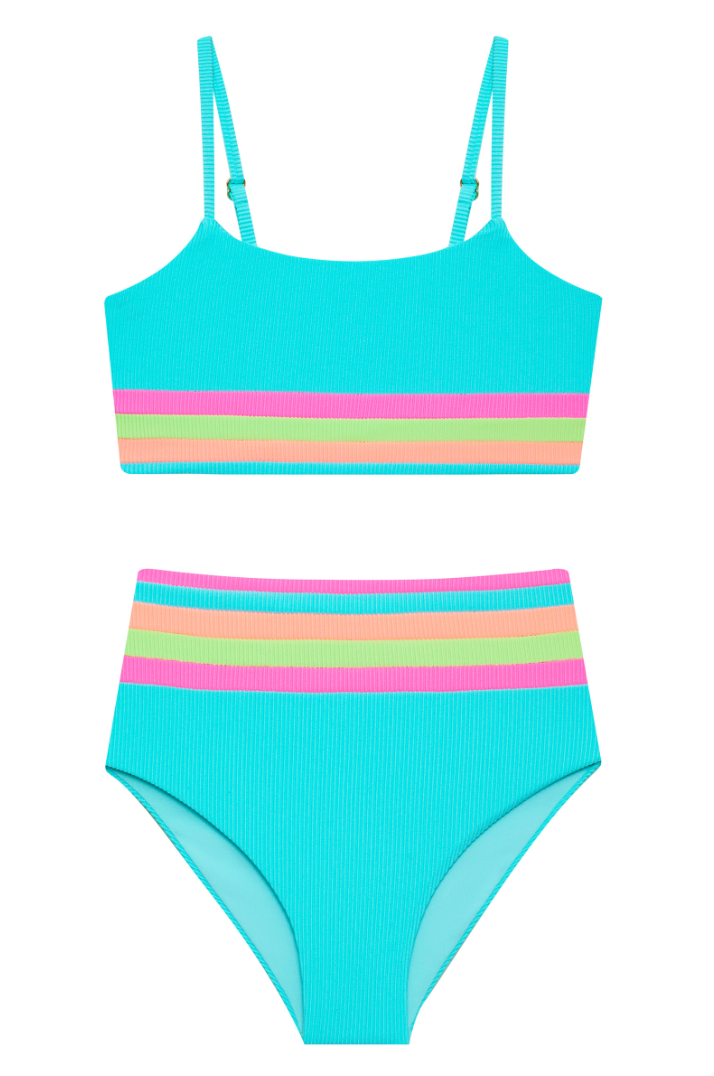 Tween Girl Wearing Beach Riot Kids Little Millie Mae Swimsuit in Aqua Neon Colorblock