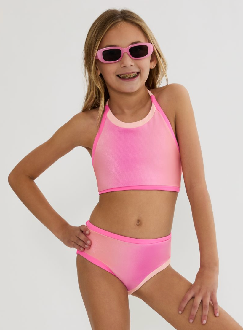 Tween Girl Wearing Beach Riot Kids Pink Ombre Two Piece Swimsuit
