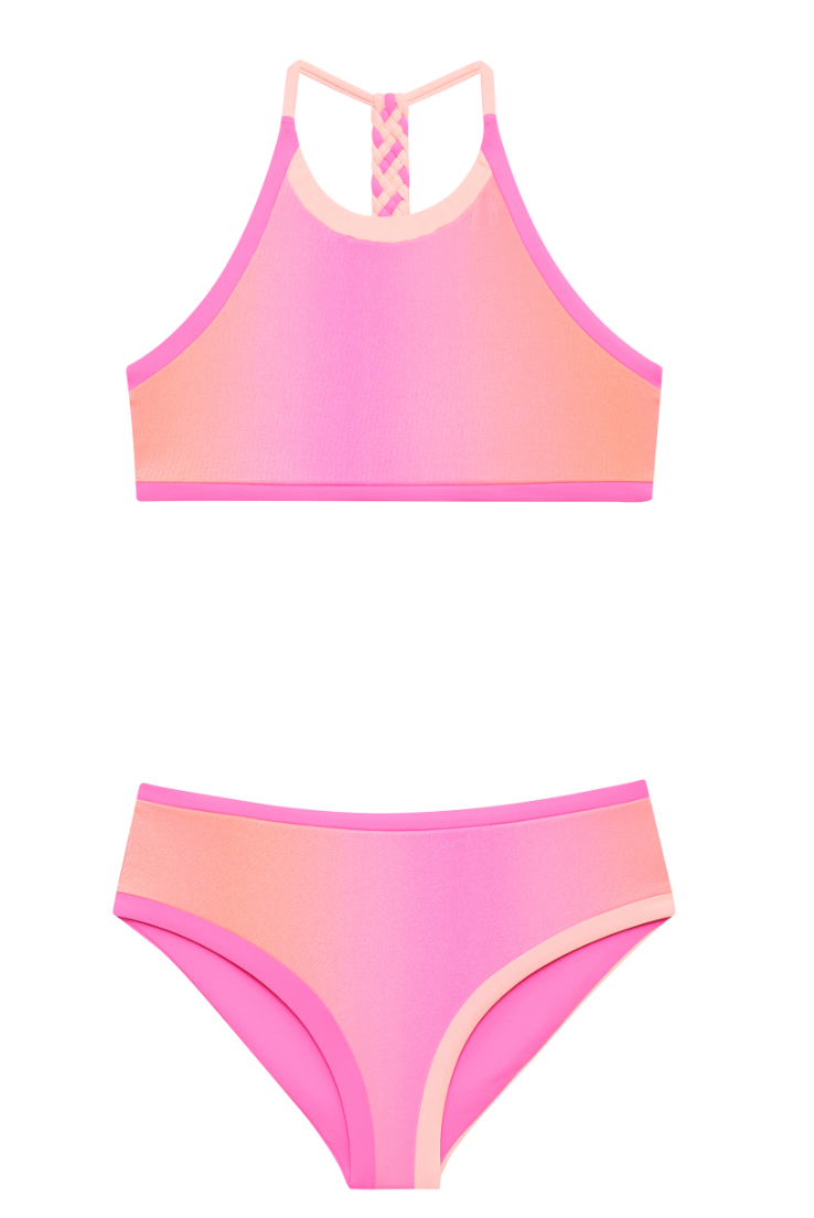 girls 2pc modest swimsuit in a pink and orange ombre with sporty top and braided back design 