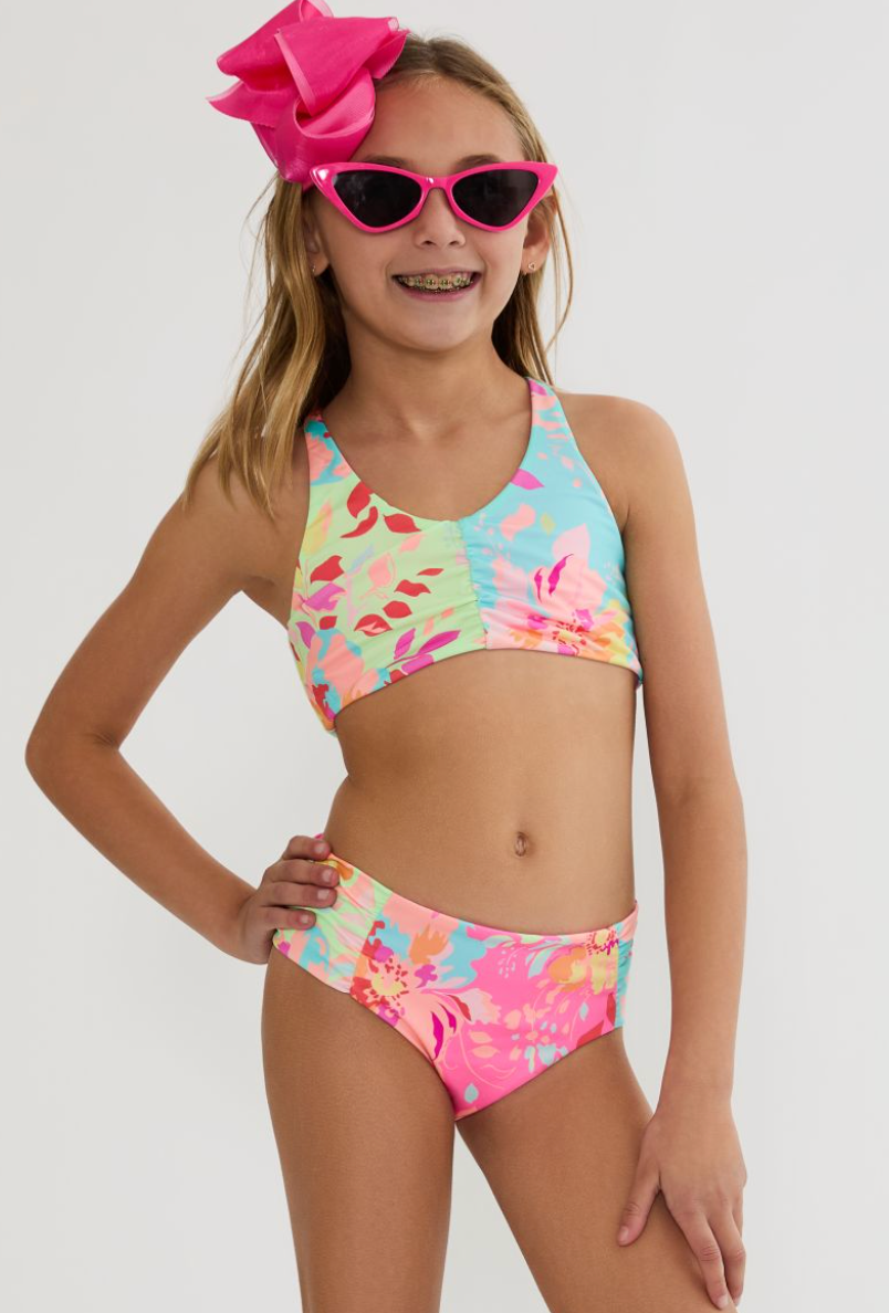 Tween Girl Wearing Beach Riot Kids Tropical Floral Two Piece Swimsuit