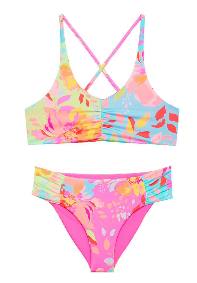 girls tropical print 2pc boutique swimsuit wihth criss cross back by beach riot kids