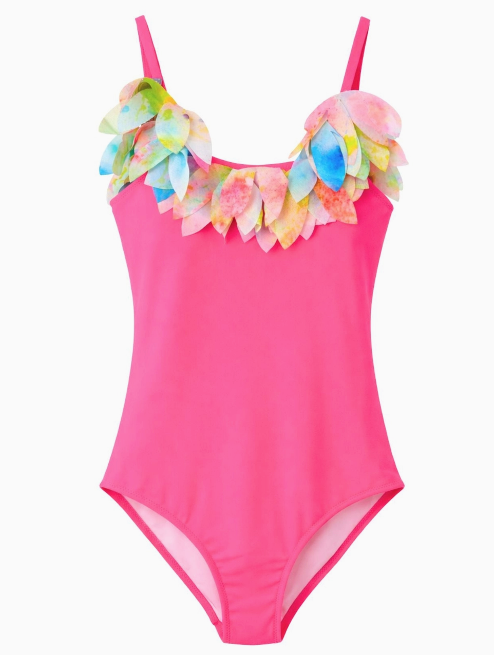 Stella Cove girls pink one-piece swimsuit with rainbow petal neckline boutique designer swimwear for beach vacations and pool days
