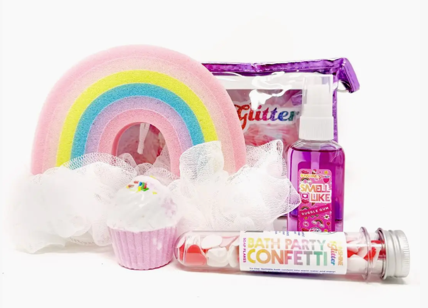 Sunshine and Glitter girls spa gift set with rainbow bath sponge, cupcake bath bomb, bubblegum body spray, and bath confetti in purple cosmetic bag