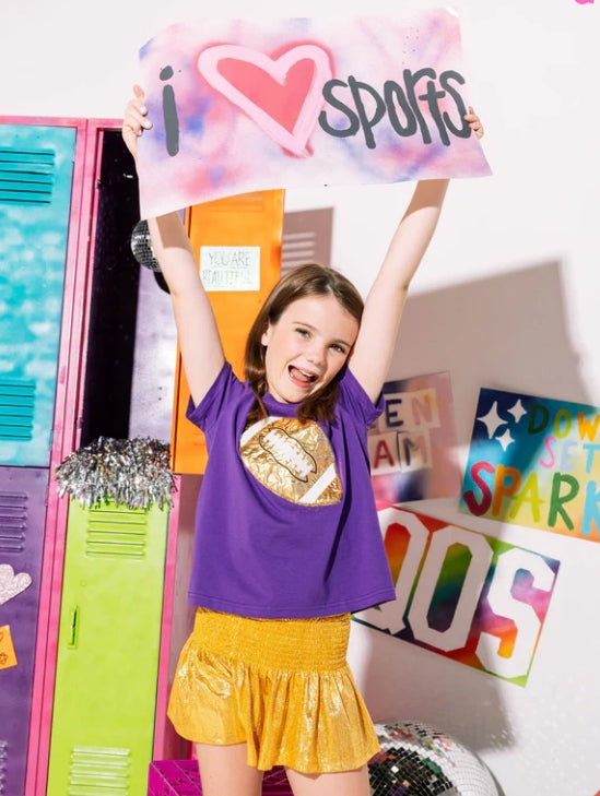 Queen Of Sparkles Kids Game Day Football Tee- Purple/Gold