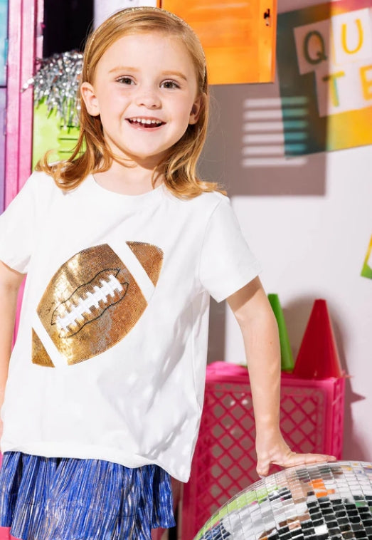 Queen Of Sparkles Kids Game Day Football Tee- White/Gold