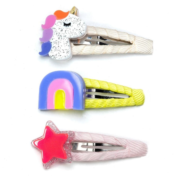 Lilies &amp; Roses Unicorn Star Neon Covered Snap Clips - Set of 3