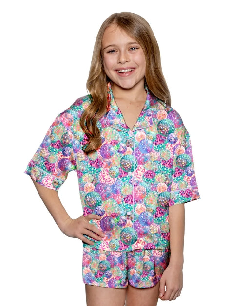 Sunshine Society Kids Silky Disco Party 2pc Short Lounge Set