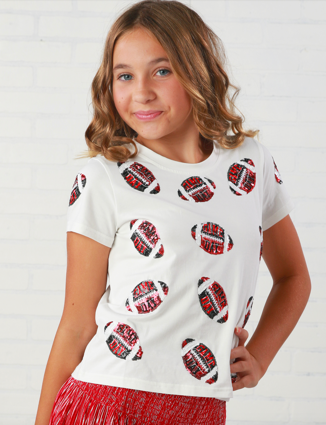 Queen Of Sparkles Kids Football Sequin Tee - Red &amp; Black