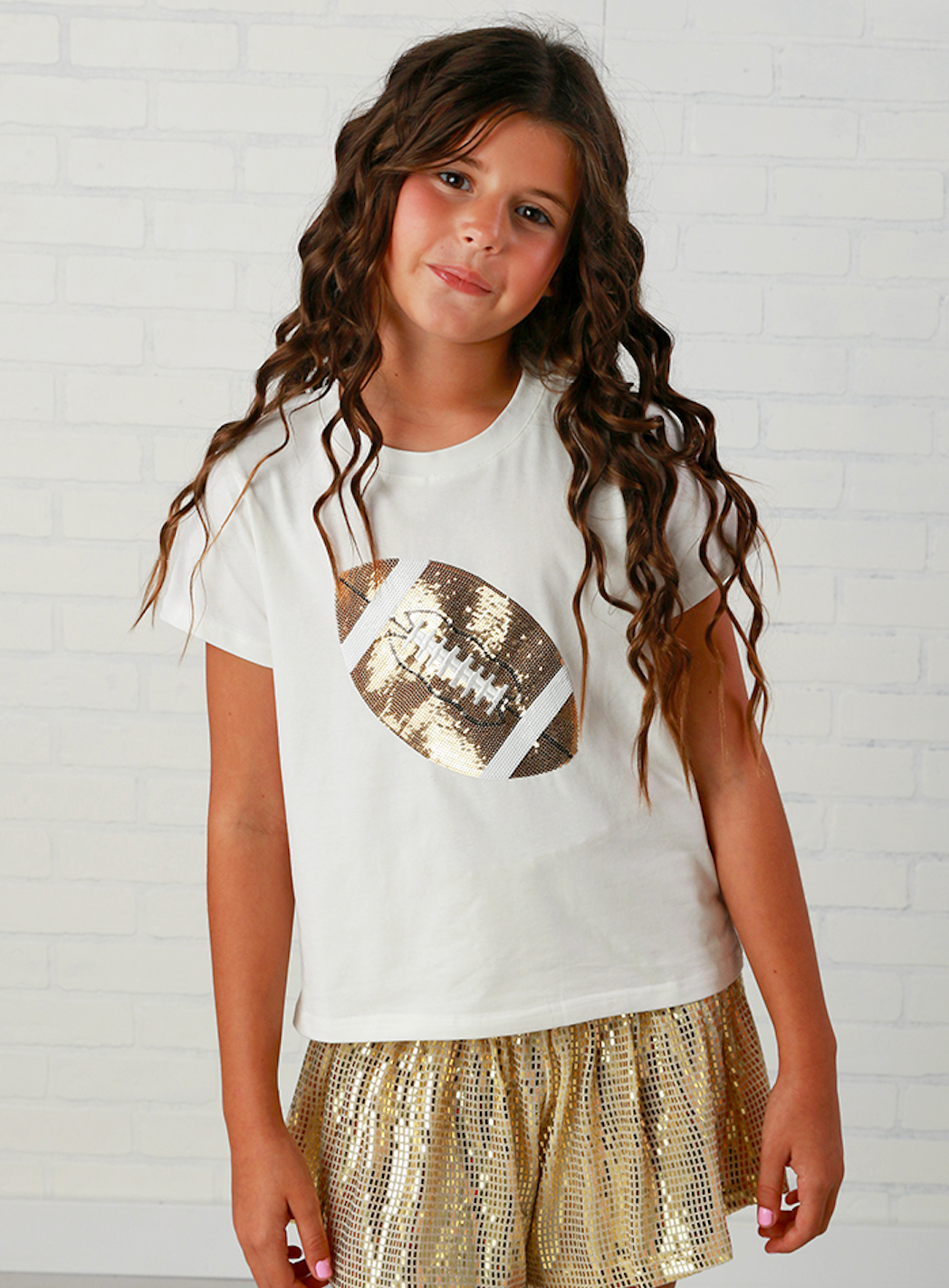 Queen Of Sparkles Kids Game Day Football Tee- White/Gold