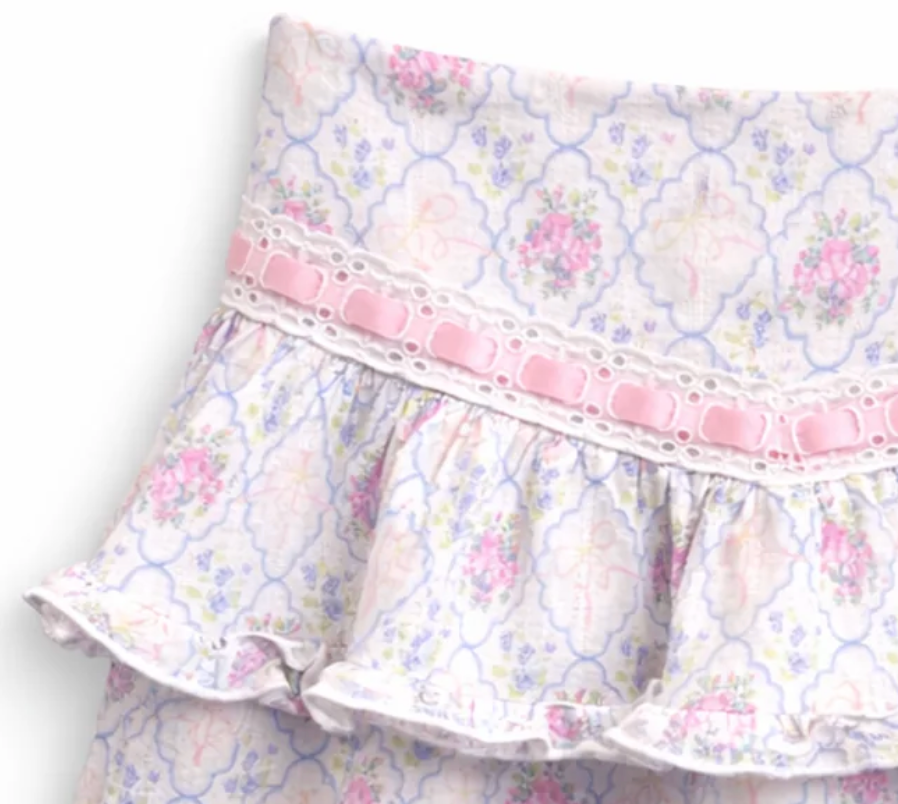 pink satin ribbon and lace trim on a floral tween skirt from katiej