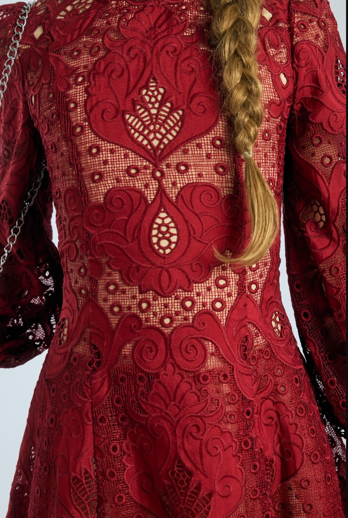 Marlo Kids Gisele Embroidery Mini Dress-Cranberry