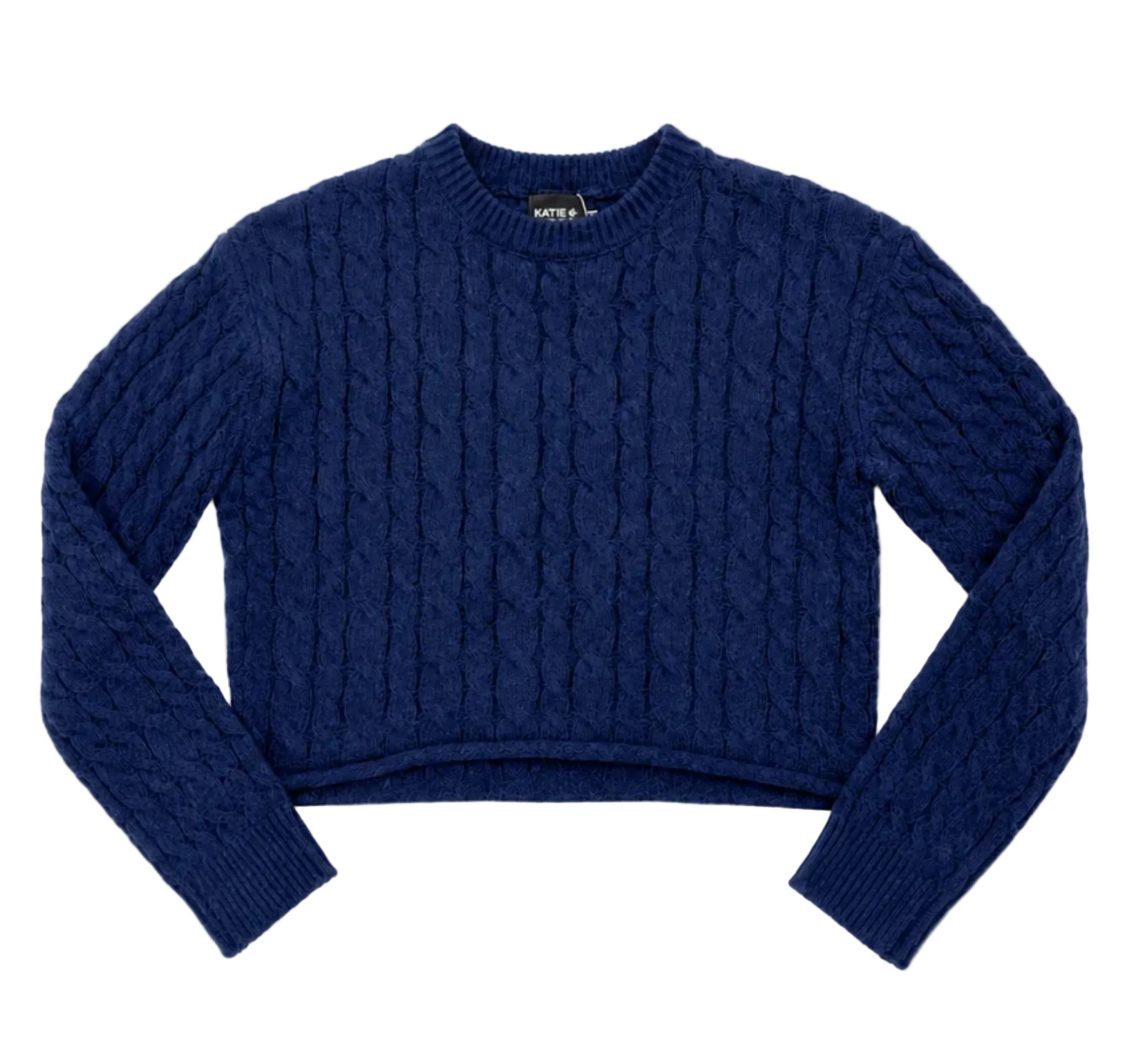 A navy blue cable-knit cropped crewneck sweater with long sleeves, laid flat against a white background.