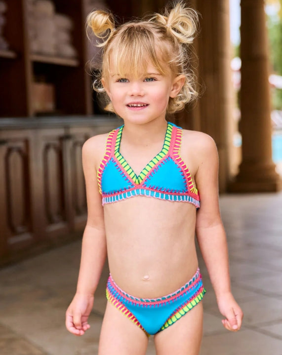 Bikini con bordado de arcoíris turquesa para niños de PQ