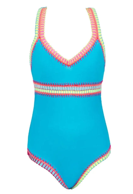 Traje de baño de una pieza con bordado de arcoíris turquesa para niños de PQ