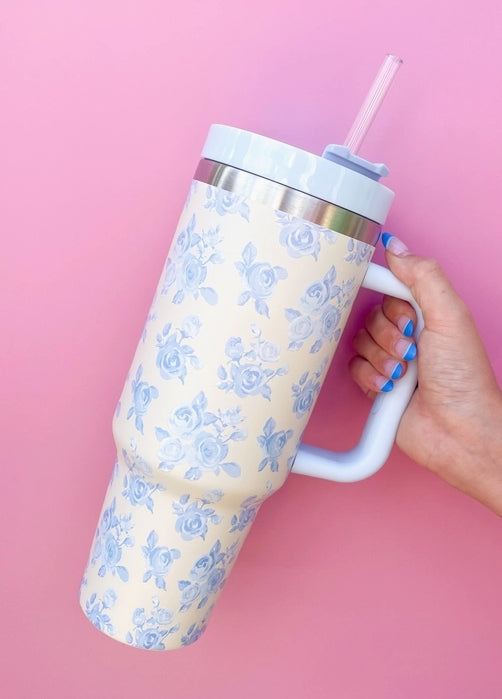 Cream & Blue Floral 40oz Tumbler