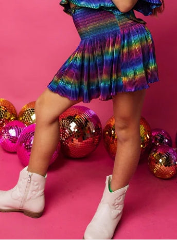 Queen Of Sparkles Kids Pleated Swing Shorts -  Blue Rainbow * Preorder*