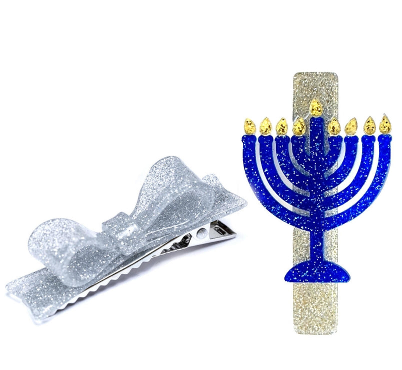 Lilies &amp; Roses NY - Menorah Blue/Silver Glitter Alligator Clips