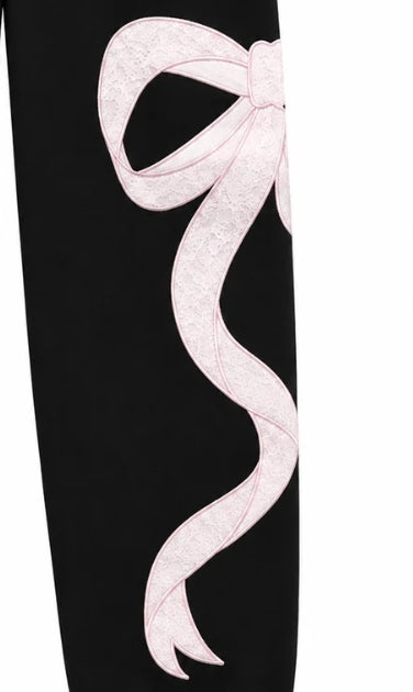 KatieJ NYC Tween Dylan Bow Applique Sweatpant - Black/Pink Lace