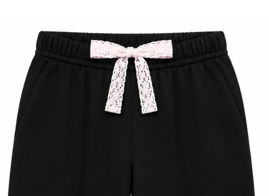 KatieJ NYC Tween Dylan Bow Applique Sweatpant - Black/Pink Lace