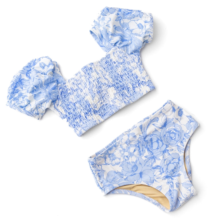 Shade Critters Tropical Blues Puff Sleeve- High-Waist 2pc Swimsuit