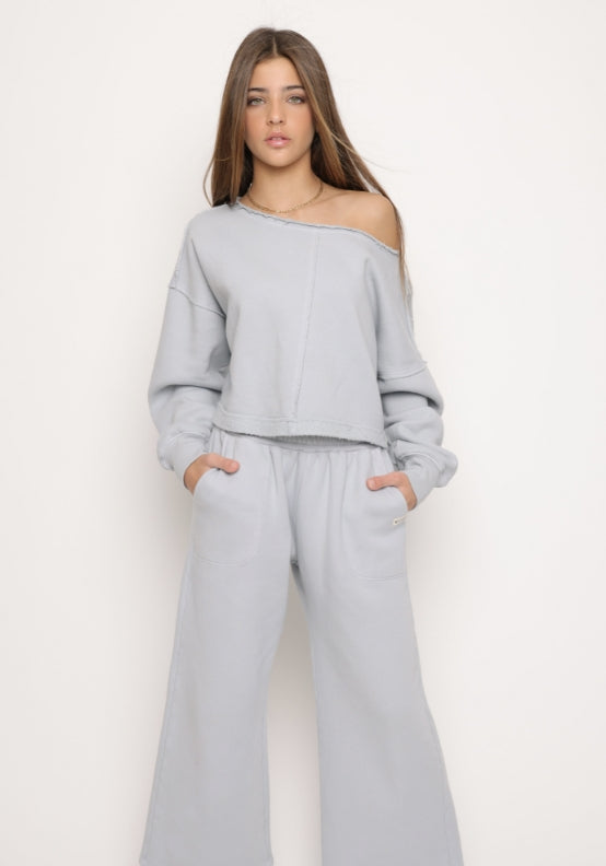 Kaveah Cotton Fleece Wide Leg Pant - Silver Cloud