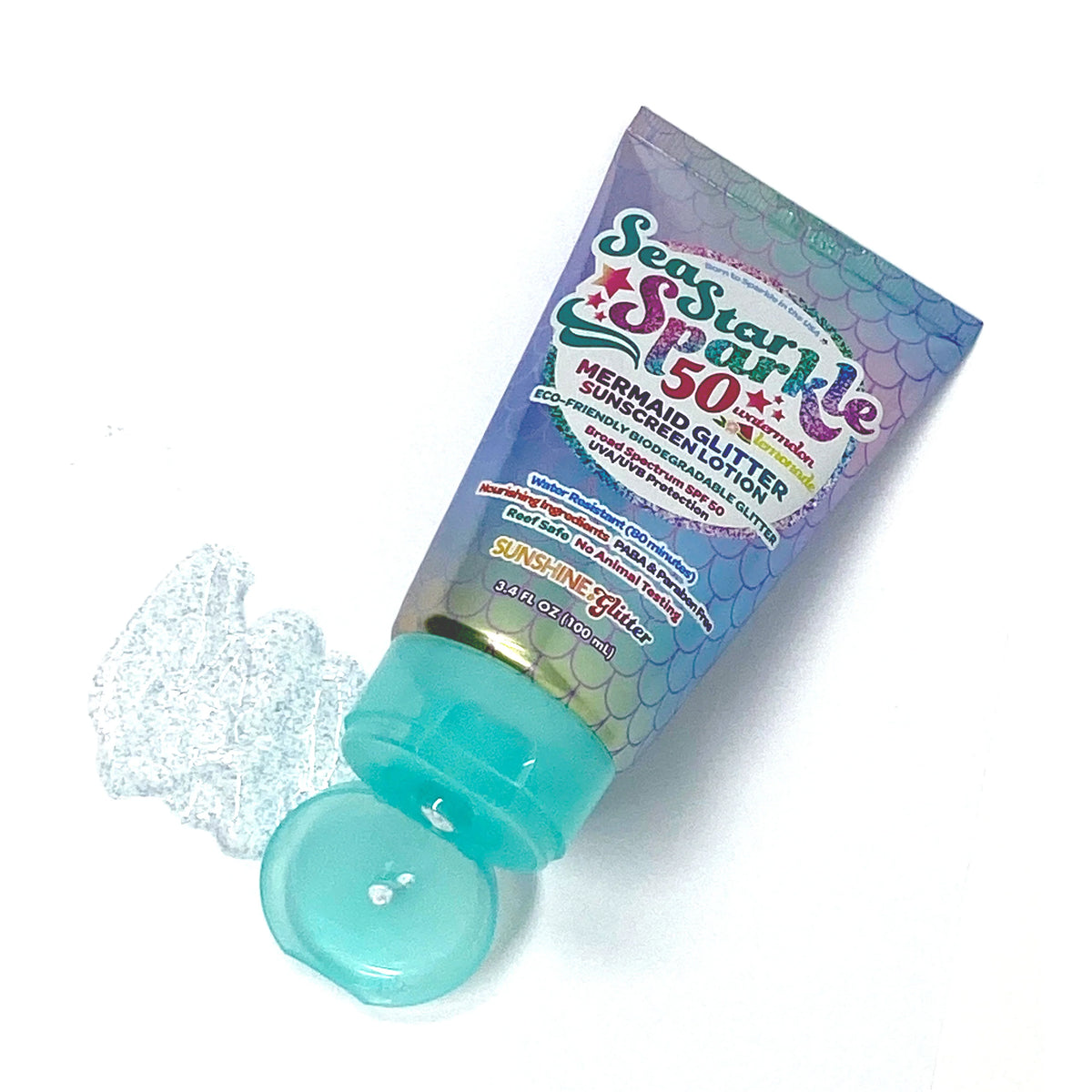 Sea Star Sparkle SPF 50 Teal &amp; Silver Glitter Sunscreen - Mermaid Watermelon Lemonade