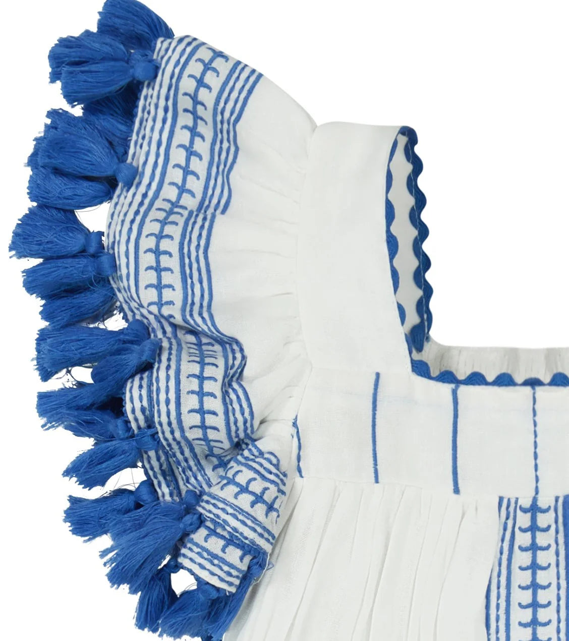Mer St. Barth Serena Girl's Tassel Dress -White Lapis Blue Embroidery