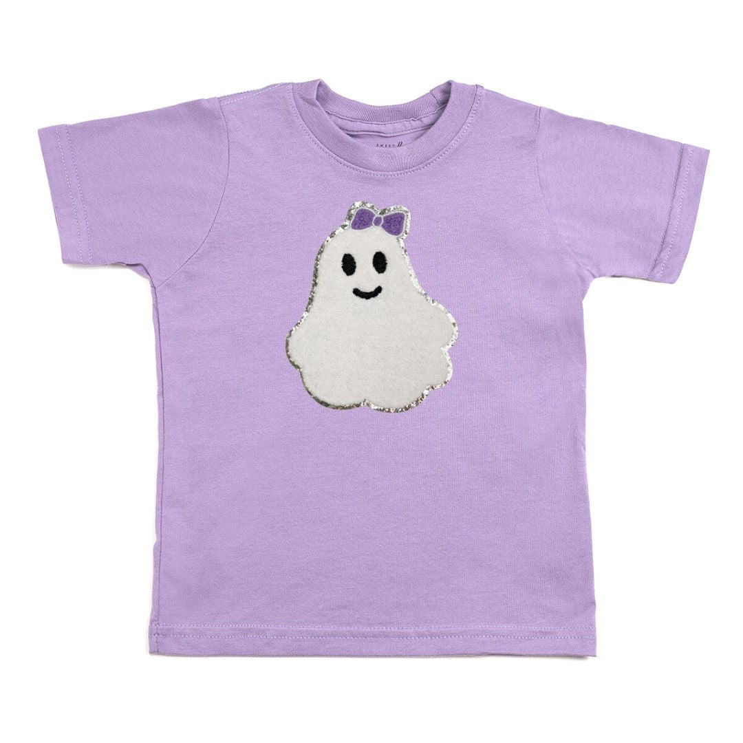 Camiseta de manga corta con parche de fantasma femenino y guiño dulce para Halloween