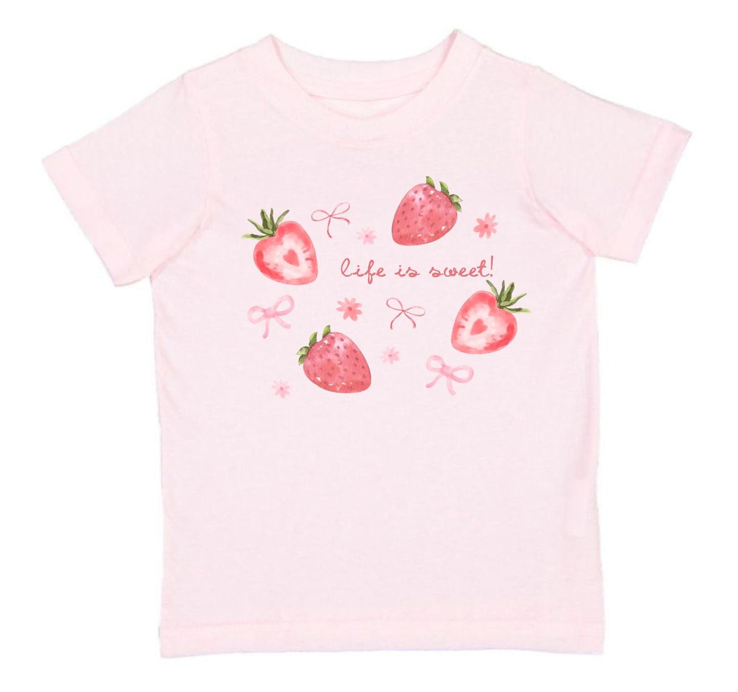 Pink t-shirt with strawberry design and 'Life is sweet!' text on a white background