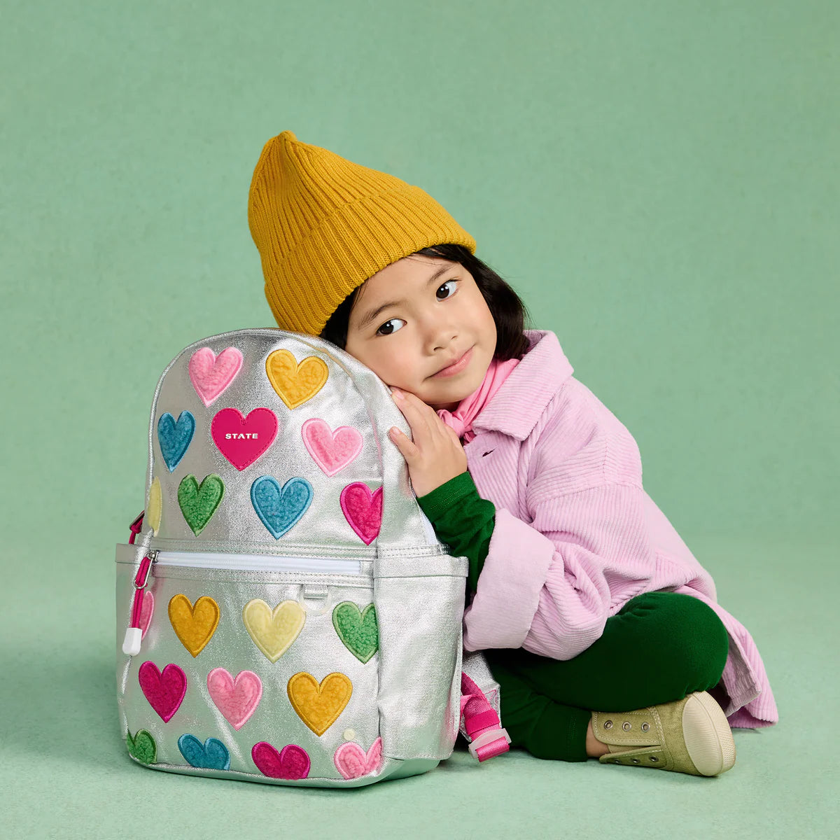 14 backpack kids STATE Bags Kane Mini Happy Chenille Hearts | Preschool Backpack for Girls Color-It-Yourself Collection: Dye Jansport with padded adjustable shoulder DiscountEligible Trash Fish Color:Blueback Herring
