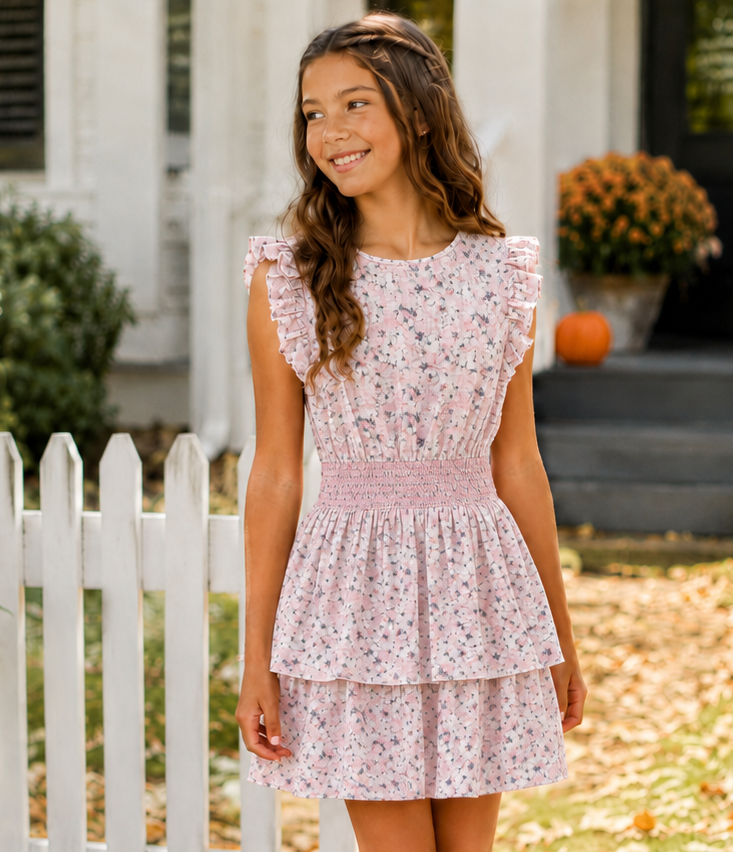 Girl wearing Summer Loving Marigot Dress in Blush Meadow Pink with ruffled sleeves, smocked waist, and tiered skirt.