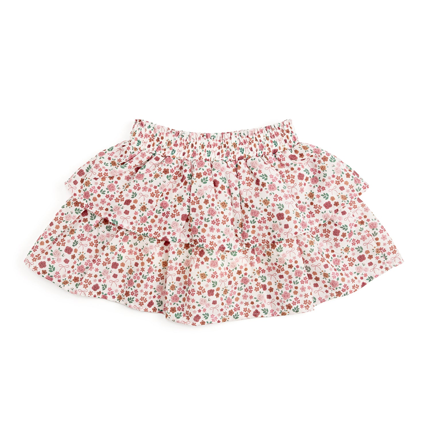 Girls boutique berry floral skort with layered ruffles and built-in shorts, perfect for fall outfits and back-to-school fashion.