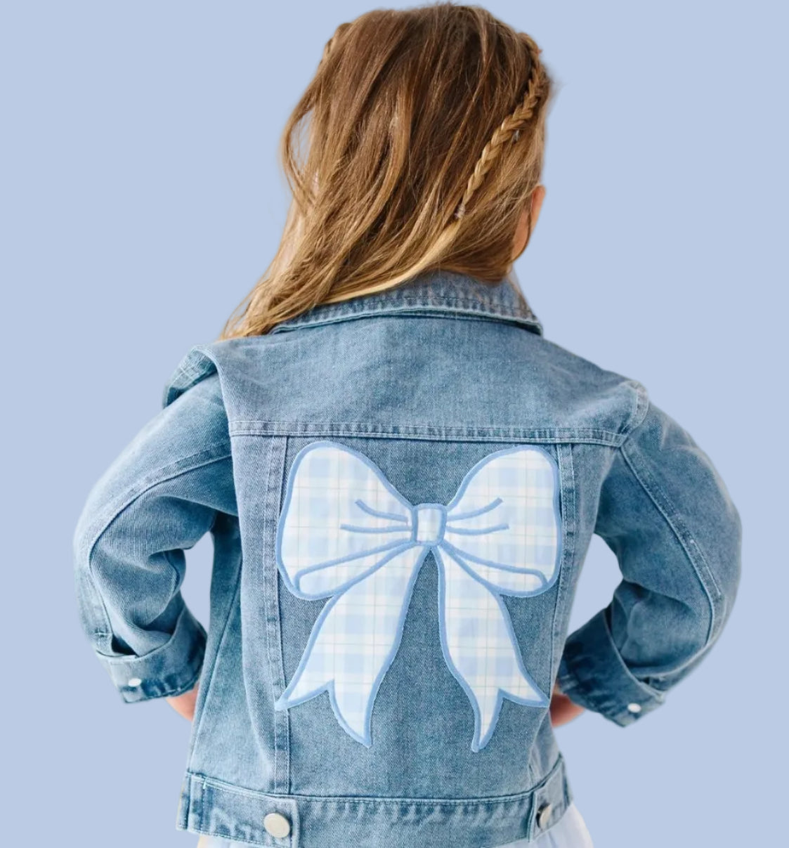 Front view of the Sweet Wink blue denim jacket for girls featuring a classic button-front design and timeless medium wash.