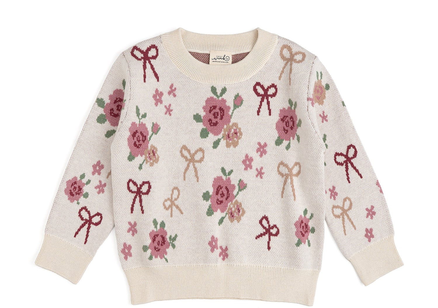 Close-up of the Sweet Wink girls floral knit sweater with coquette bows and rose pattern in rich fall colors.