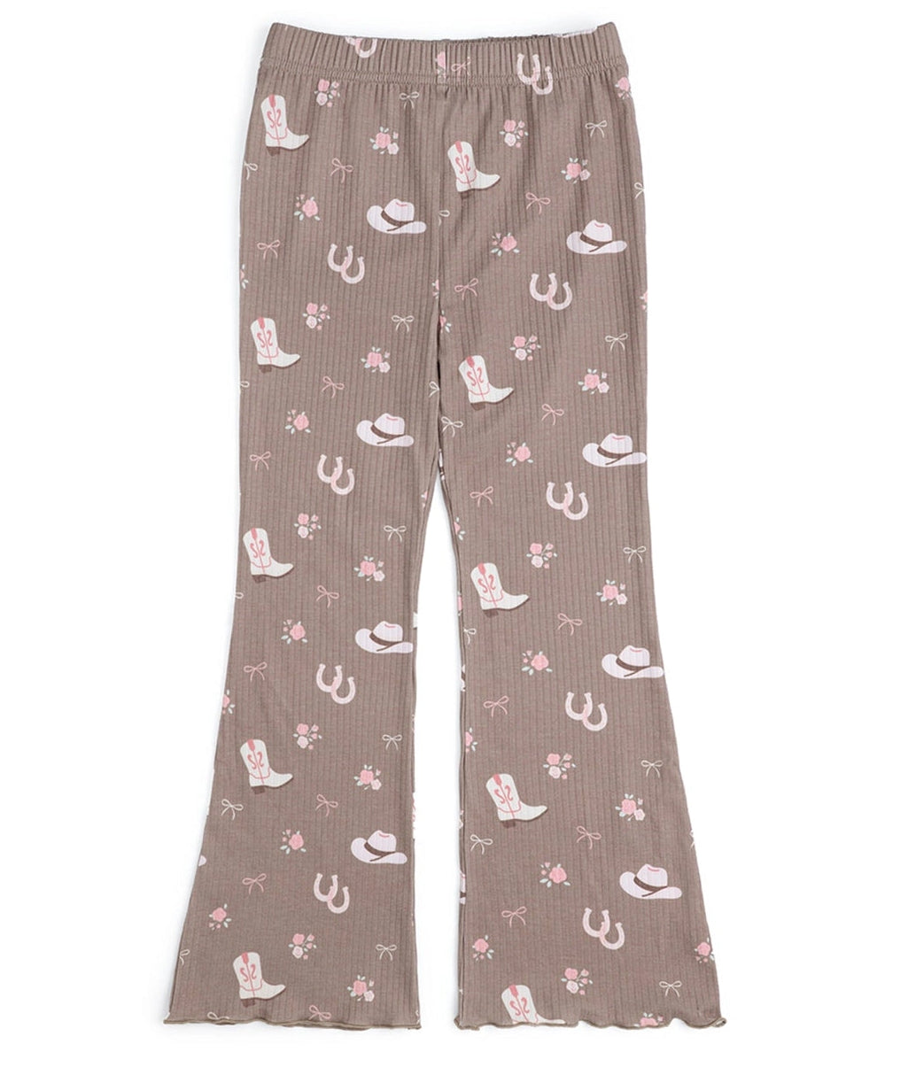 Sweet Wink Howdy Darling mocha Western flare leggings with cowboy hats, horseshoes, bows and floral print for girls