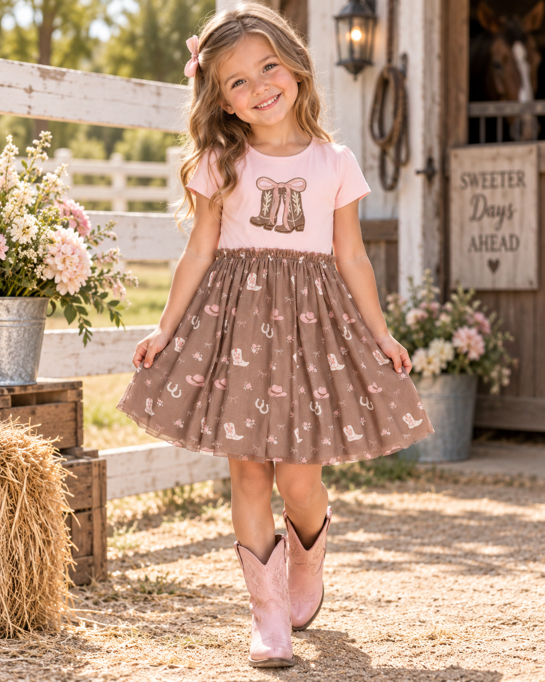 A young girl stands in a rustic barn yard wearing a light pink t-shirt with a brown boot graphic and a brown skirt with a cowboy boot print, paired with pink cowboy boots.