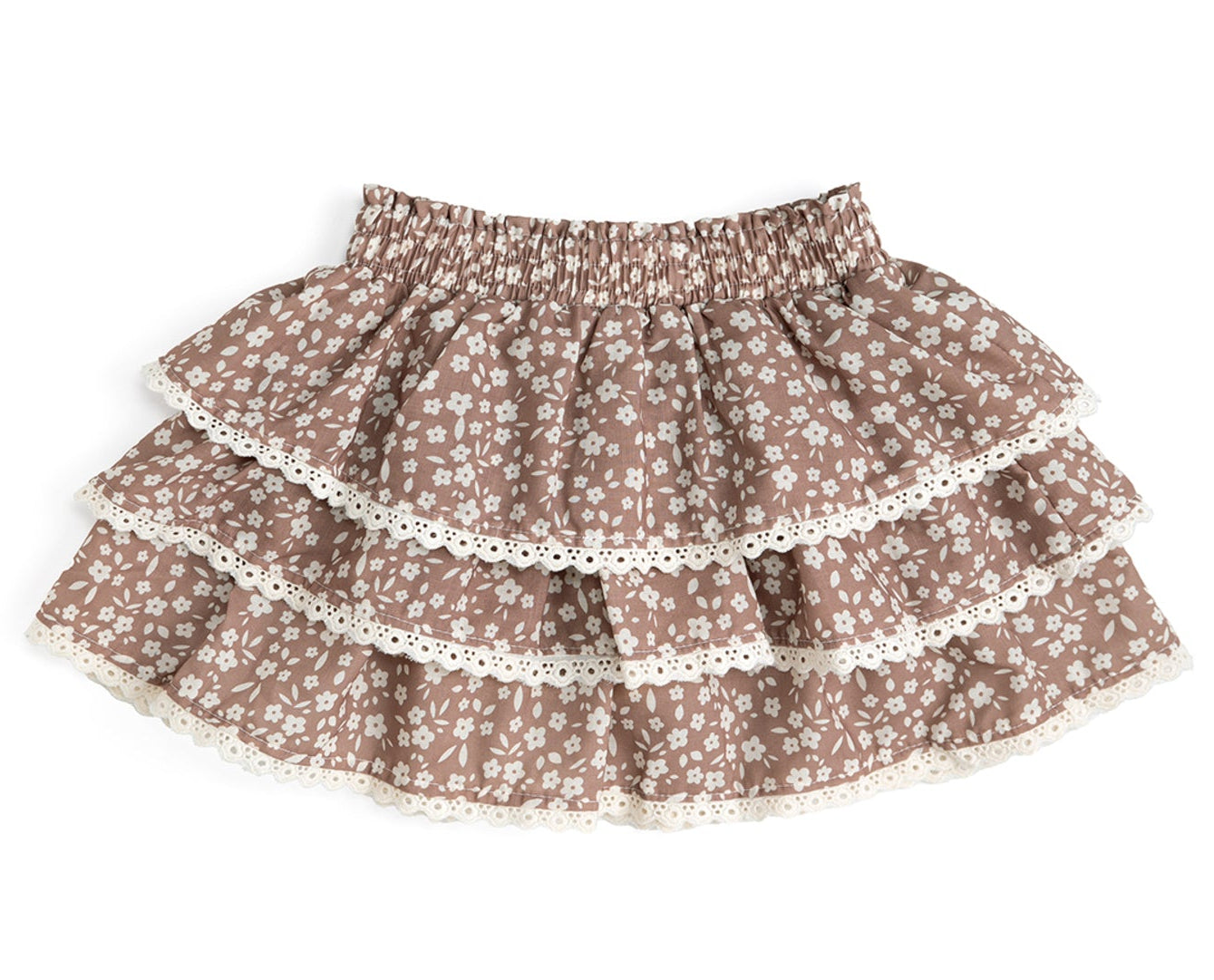 Girls mocha floral tiered skort with eyelet lace trim and built-in shorts by Sweet Wink.