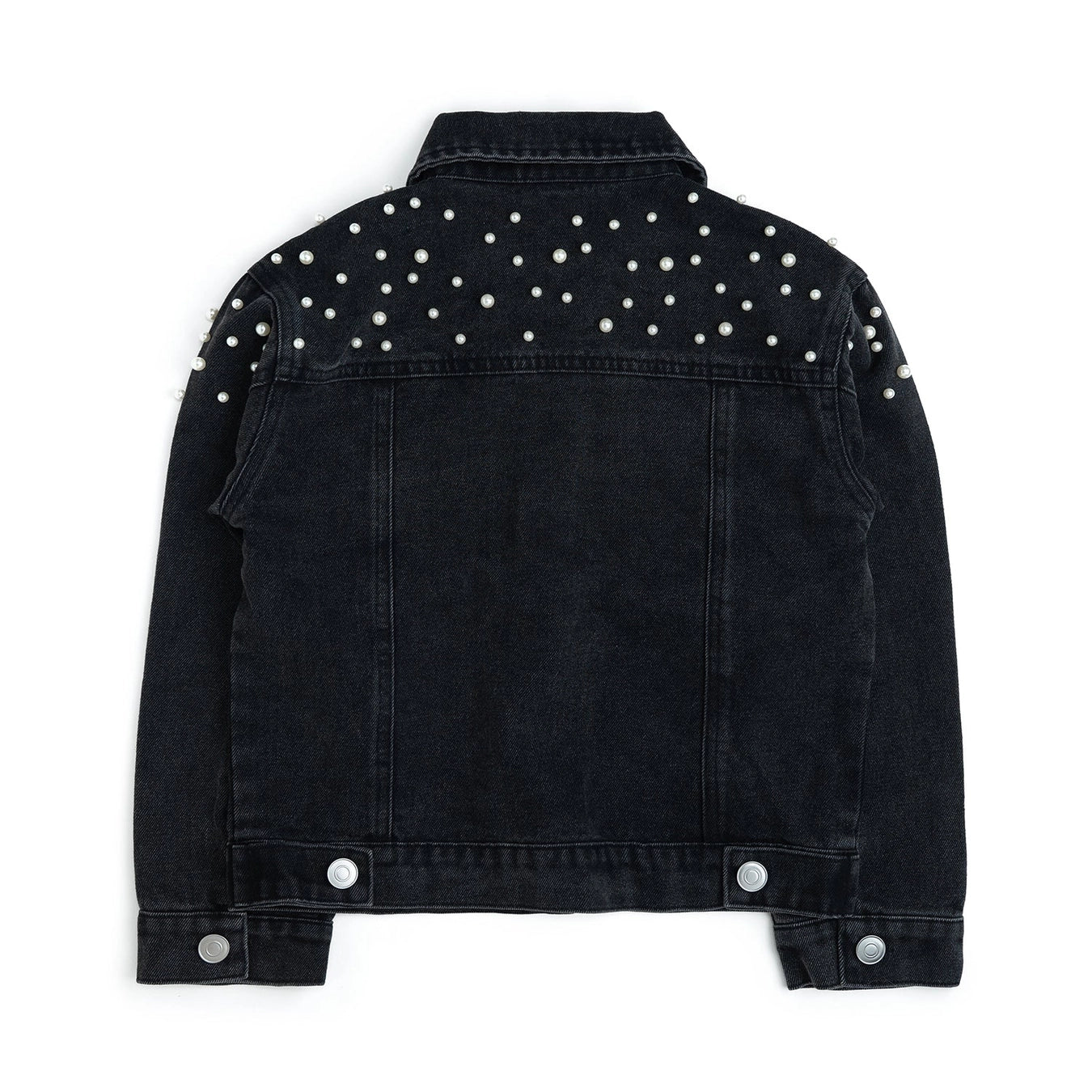 Back view of the Sweet Wink black denim jacket with scattered pearl embellishments across the shoulders for a stylish designer-inspired look.