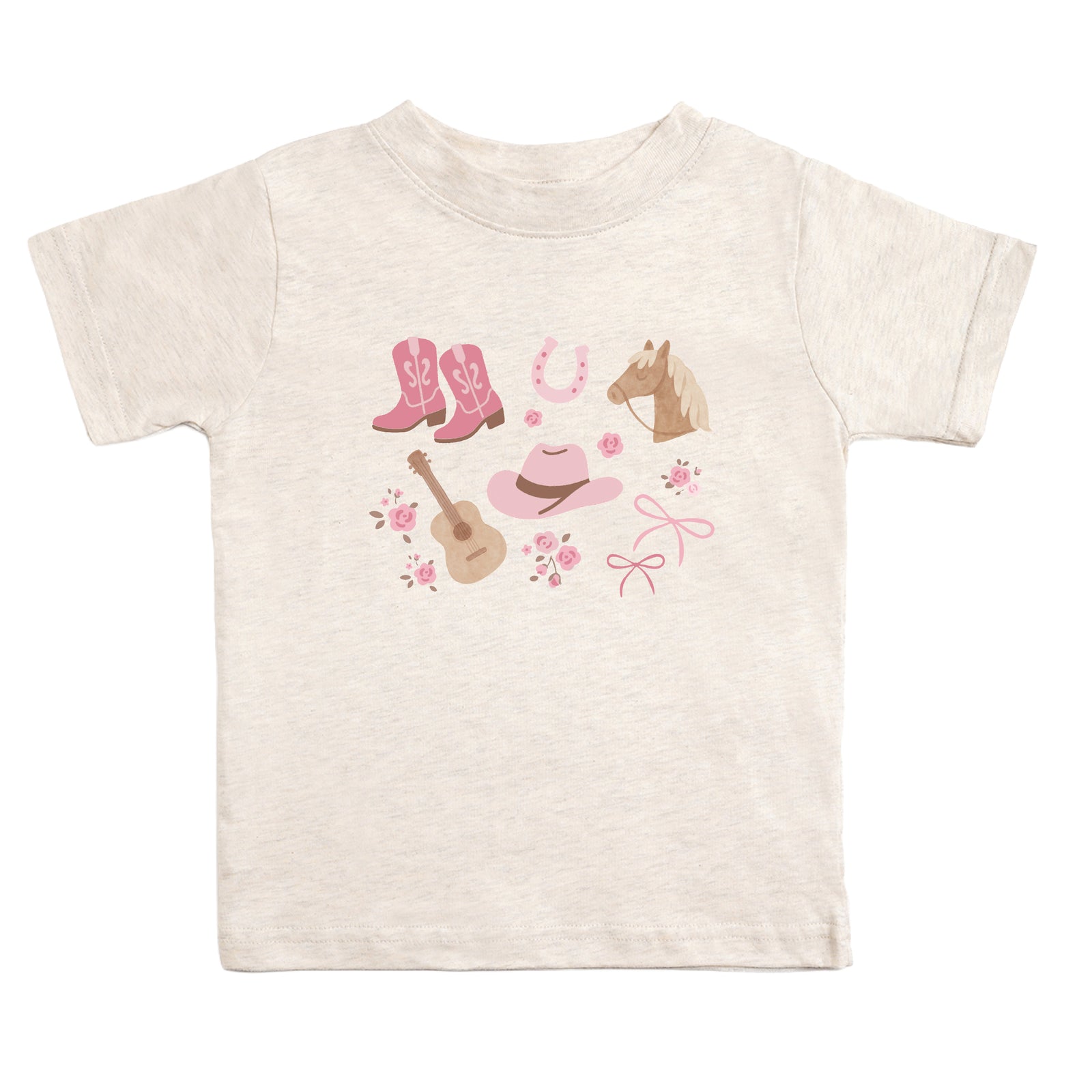 Girls Sweet Wink Western Girlie short sleeve graphic t-shirt featuring pink cowboy boots, horse, guitar, bows, and floral western design.