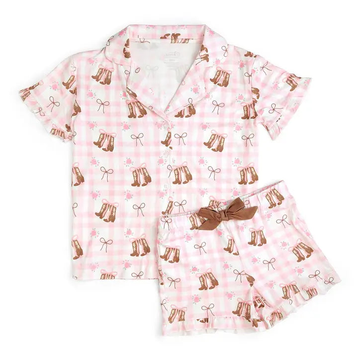 Sweet Wink Howdy Darling pink gingham Western lounge set with cowgirl boots and bows