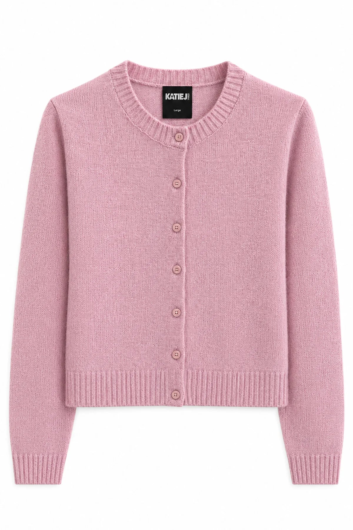 A light pink knit cardigan sweater with a crew neck, button-up front, and ribbed cuffs and hem, shown flat on a white background. The brand name 'KATIEJ' is visible on the inner neck label.