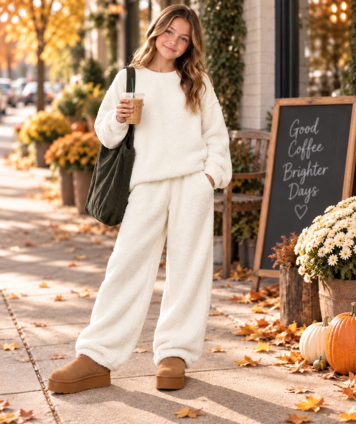 TENLY Tween cream sherpa two-piece set with oversized pullover and matching relaxed pants.
