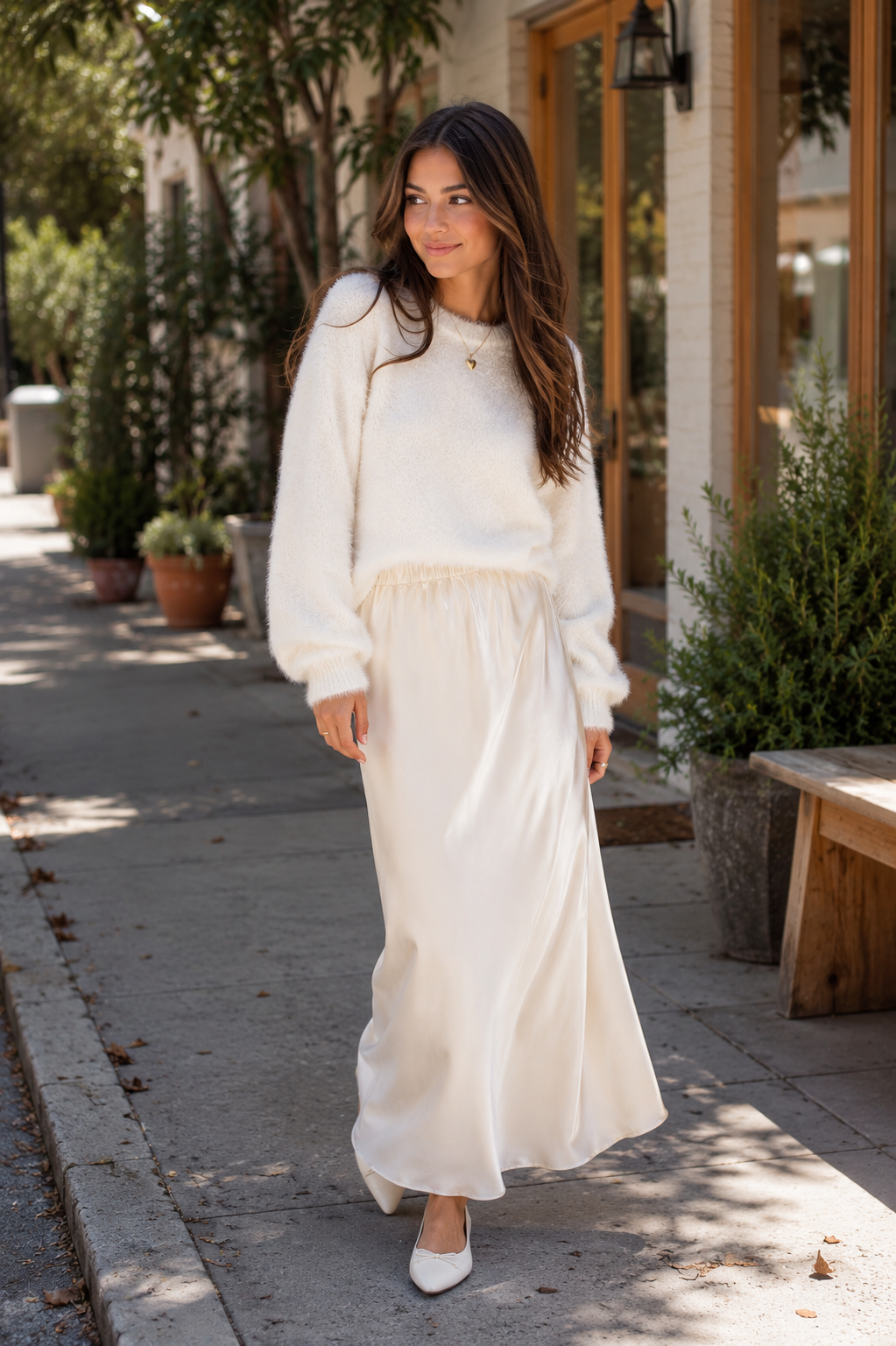 THEME NYC Joey champagne satin maxi skirt for tween girls with comfortable elastic waistband.