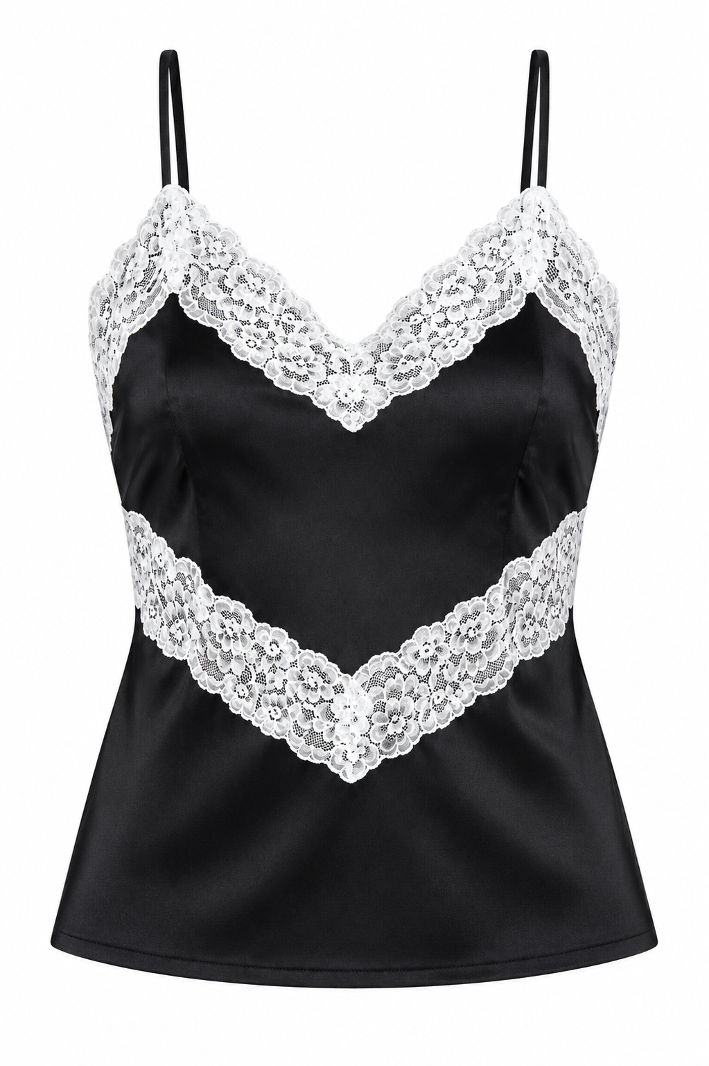 THEME NYC Margot black satin tween tank with cream floral lace trim