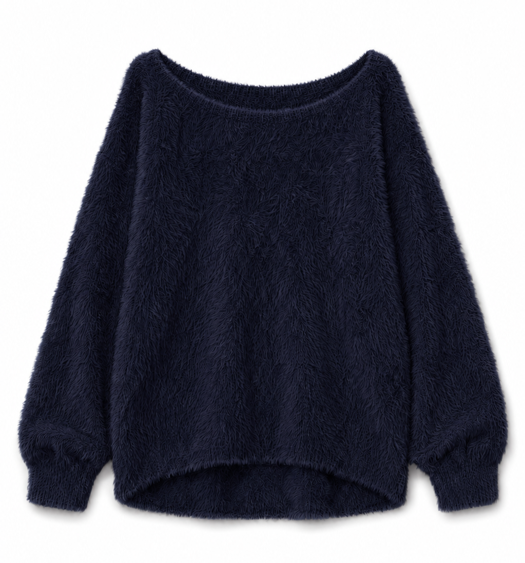 THEME NYC Maya Navy fluffy oversized sweater for tween girls in an ultra-soft plush knit on a white background.