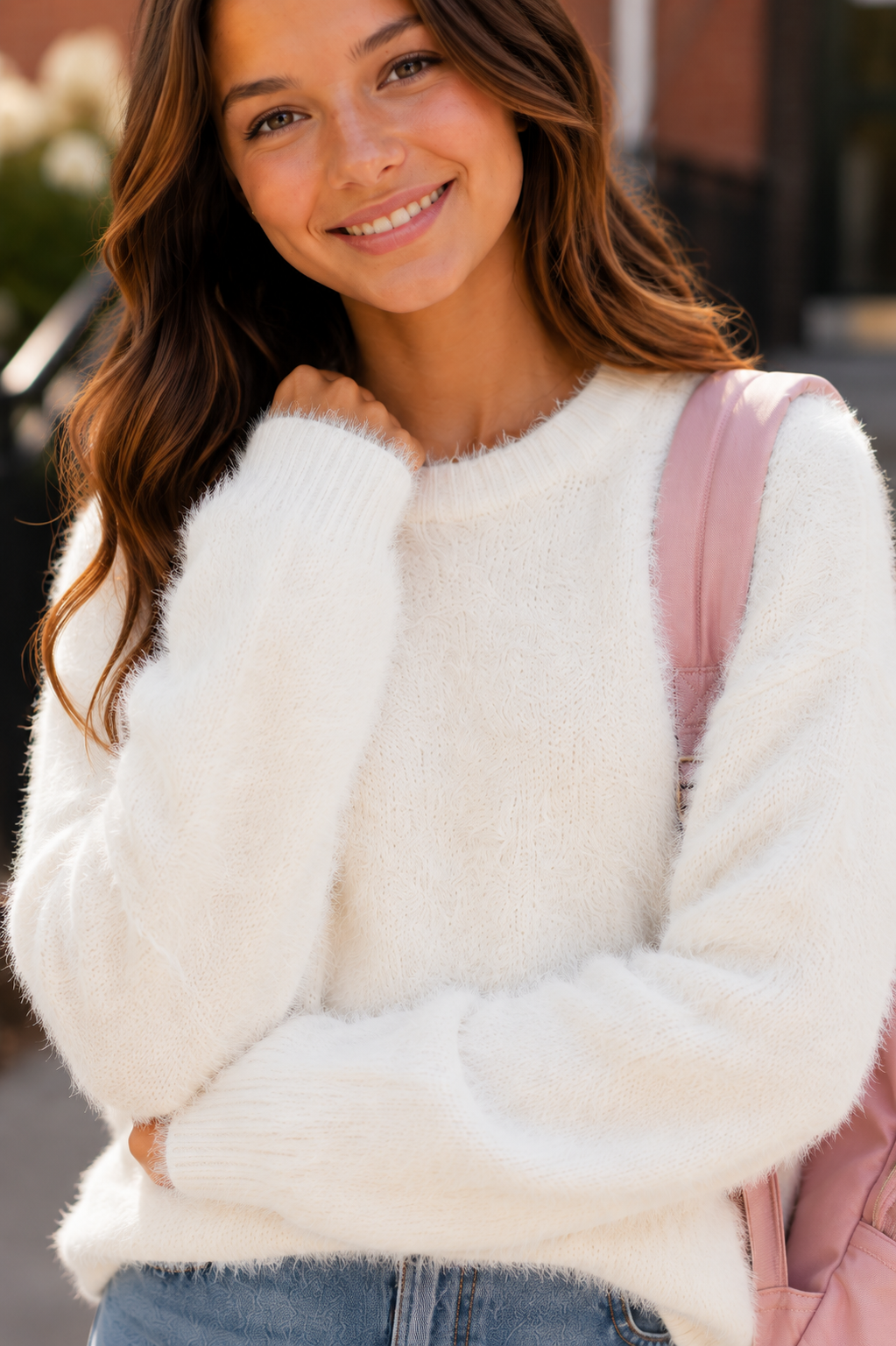 THEME NYC Maya taupe fluffy oversized sweater for tween girls in an ultra-soft cozy knit perfect for fall and winter.