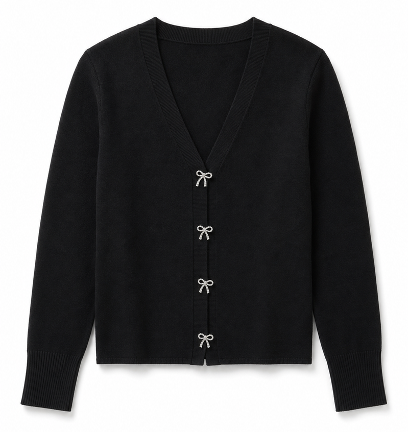 THEME NYC Tween black Mickey cardigan with bow-shaped diamond buttons and V-neckline.